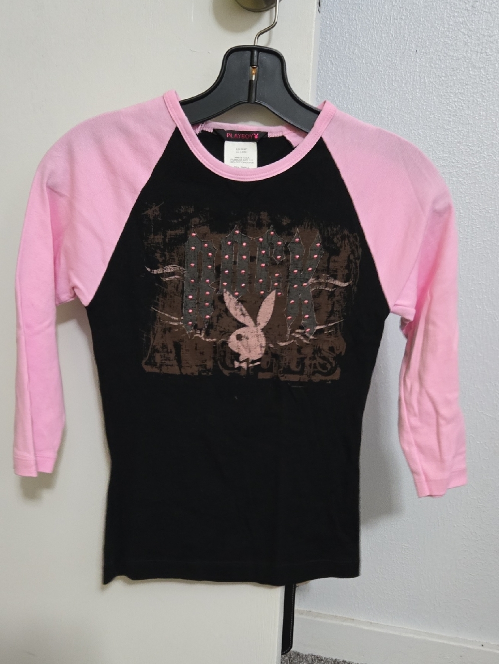PLAYBOY Pink and Black Raglan Graphic Long Sleeve Tee